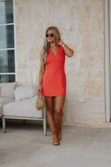 Striped Linen Halter Dress-Coral Red