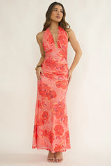 Pink Hibiscus Halter Maxi Dress