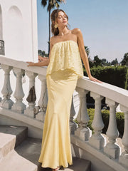 Lace Patchwork Satin Bandeau Maxi Dress