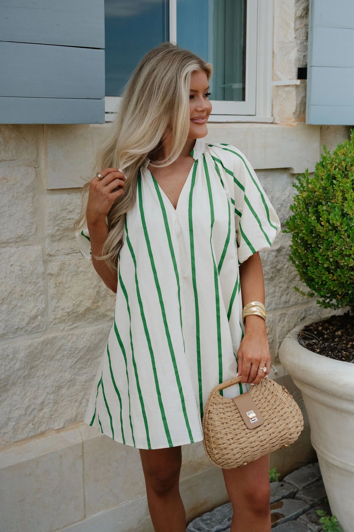 Madison Puff-Sleeve Striped Mini Dress-Kelly Green