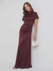 High Boat Neck Stain Maxi Dress With Ruched Detailing