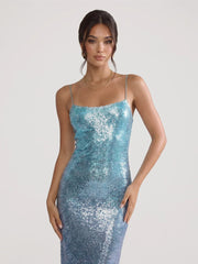 Gradient Ocean-Hued Sequin Maxi Dress
