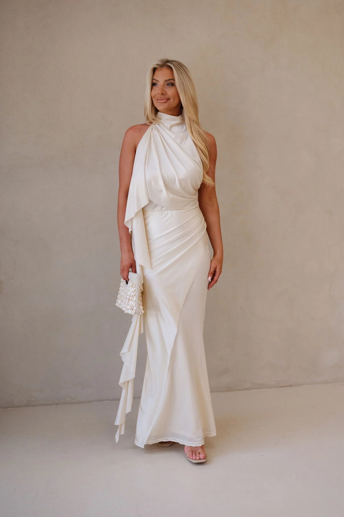 Halter Neck Satin Jersey Maxi Dress-Ivory