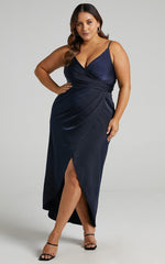 How Will I Know Midi Dress - Wrap Waist Tie Tulip Hem Dress in Navy