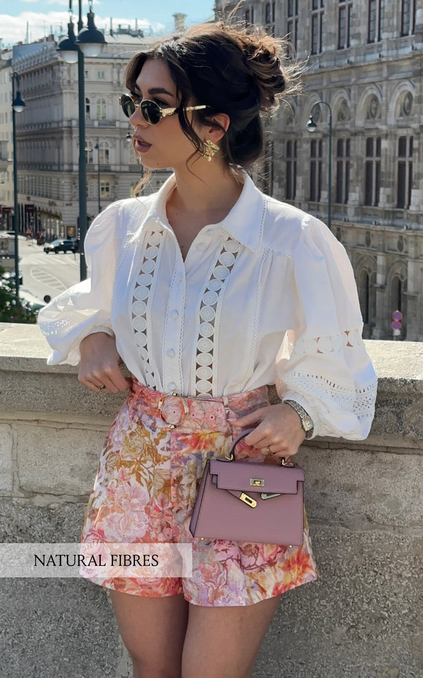 Amalie The Label - Noemie Linen Blend High Waisted Belted Tailored Shorts in Morocco Print