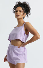 Zanrie Square Neck Crop Top and High Waist Mini Flare Shorts in Lilac Linen Look