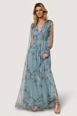 Layla Tulle Maxi Dress | Dusty Blue Floral