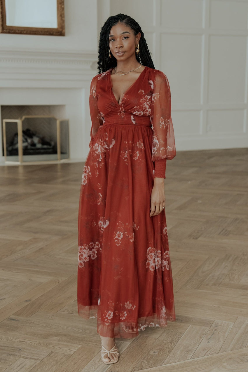 Layla Tulle Maxi Dress | Rust Floral