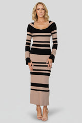 Marika Ribbed Dress | Camel + Black Stripe