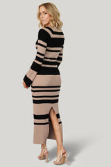 Marika Ribbed Dress | Camel + Black Stripe