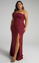No Ones Fault Midi Dress - One Shoulder Thigh Split Dress in Wine