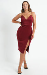 Big Ideas Midi Dress - V Neck Thigh Split Dress in Wine