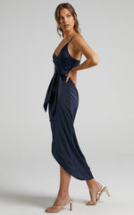 How Will I Know Midi Dress - Wrap Waist Tie Tulip Hem Dress in Navy