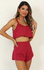Zanrie Square Neck Crop Top and High Waist Mini Flare Shorts in Berry Linen Look