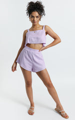 Zanrie Square Neck Crop Top and High Waist Mini Flare Shorts in Lilac Linen Look