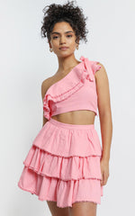 Rooftop SpritzTwo Piece Set - One Shoulder Ruffle Top and Mini Skirt Set in Light Pink Linen Look