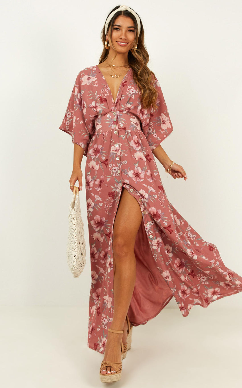 Sitting Pretty Maxi Dress - Short Sleeve Button Down Dress in Rose Floral