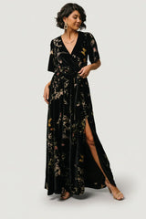 Uma Velvet Maxi Dress | Black Butterfly Print