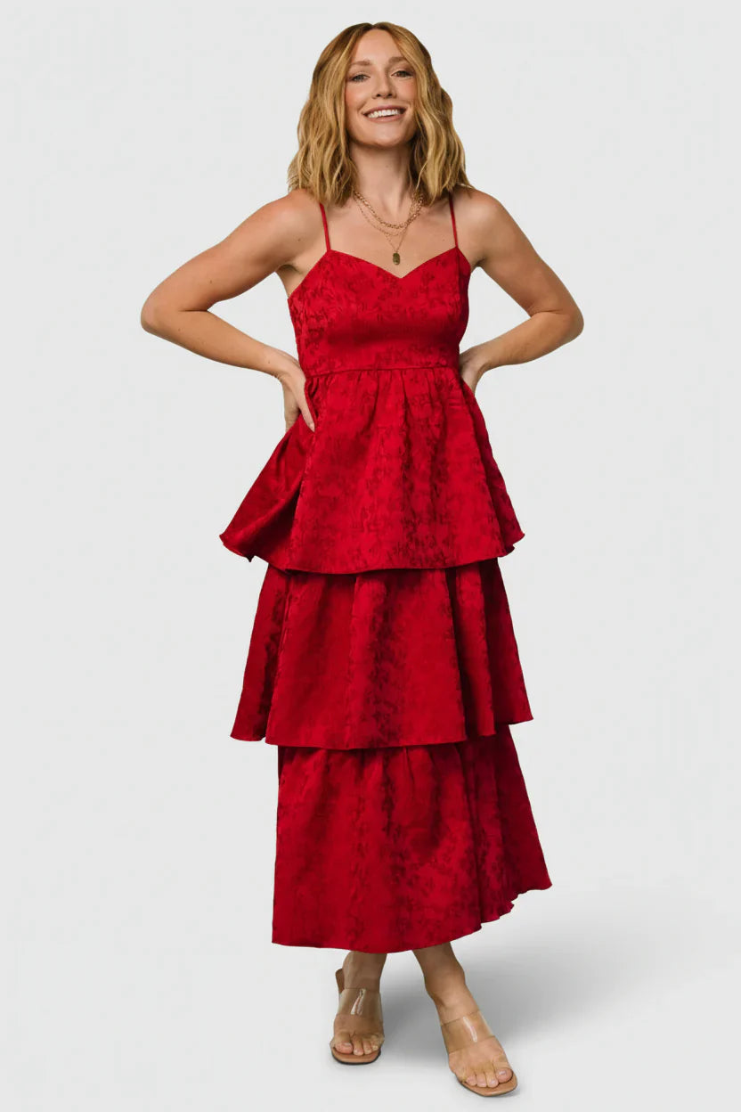 Violetta Embossed Tiered Dress | Deep Red